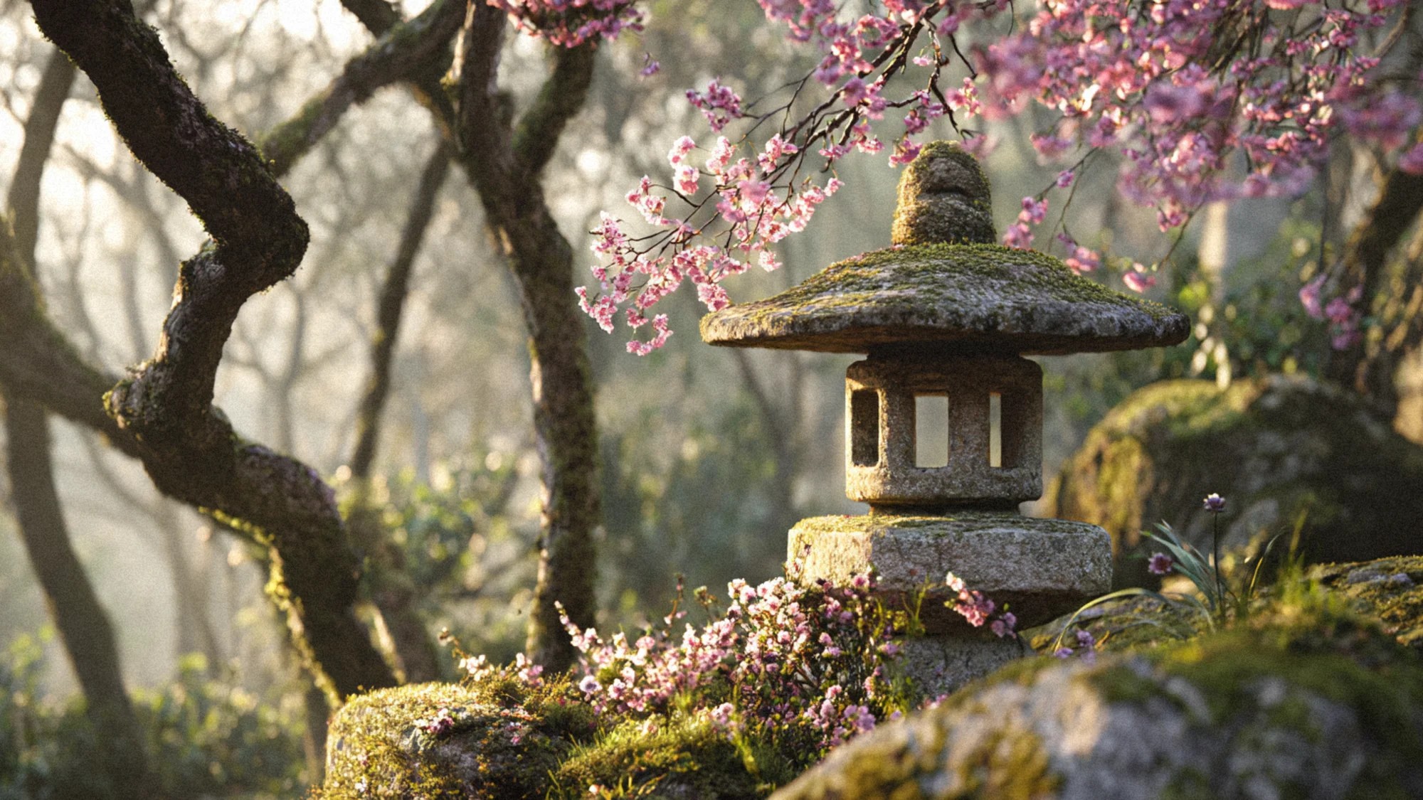 Traditional Japanese stone garden with cherry trees in early bloom, weathered stone lantern, delicate pink buds