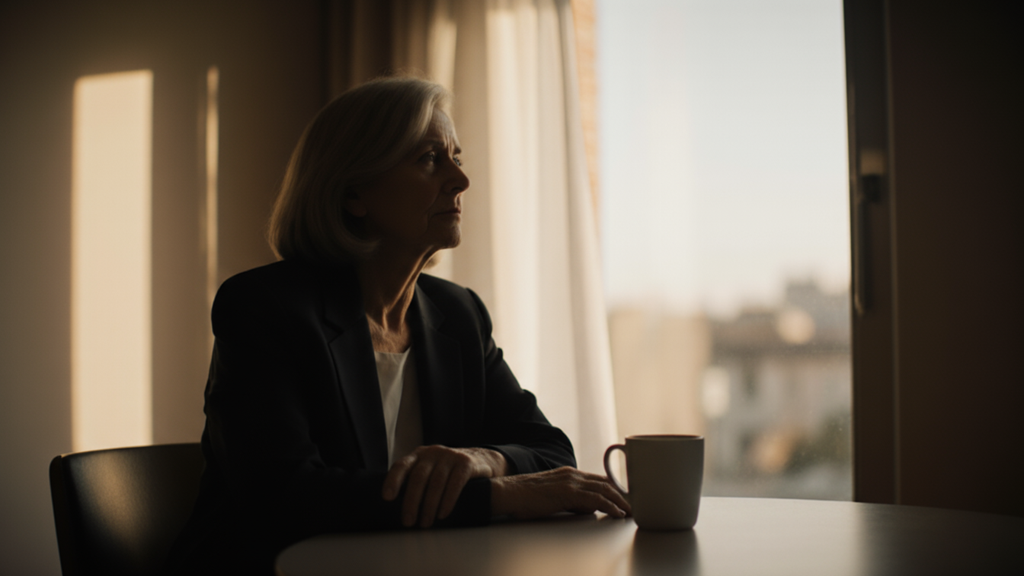 Woman sitting alone at a window in early morning light, coffee untouched, expression distant