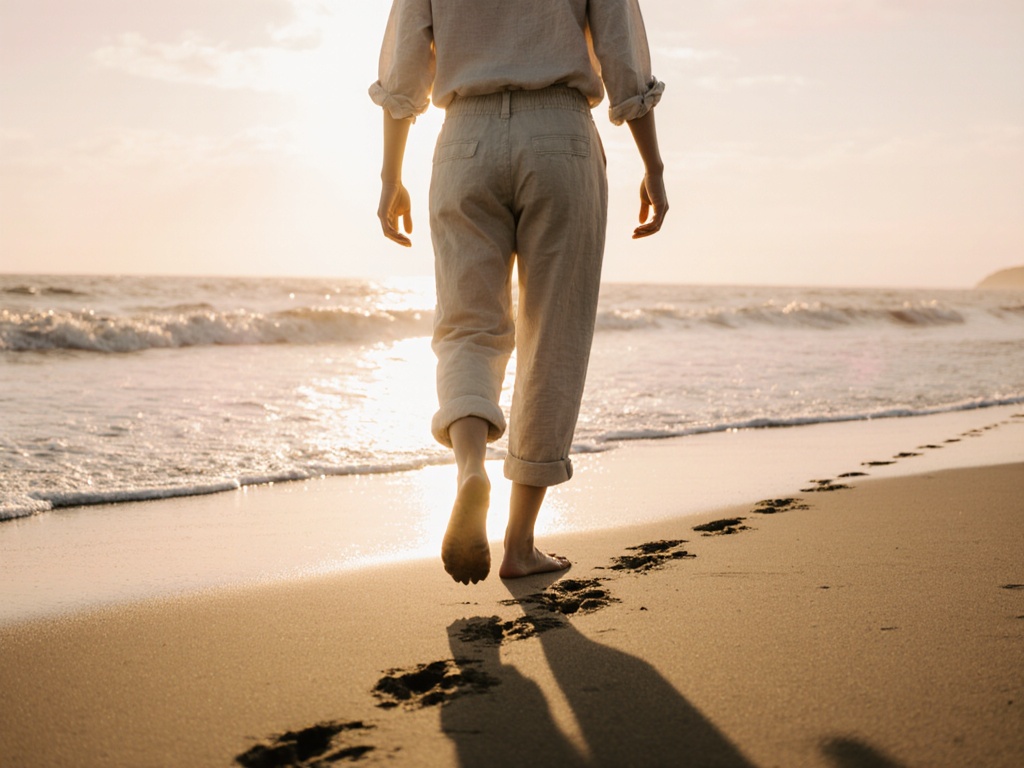 Person walking along beach at sunrise, footprints in wet sand, relaxed stride, arms swinging naturally