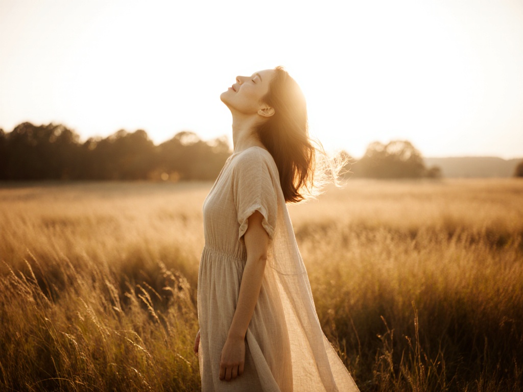 Woman outdoors with shoulders dropped and relaxed posture in golden hour light