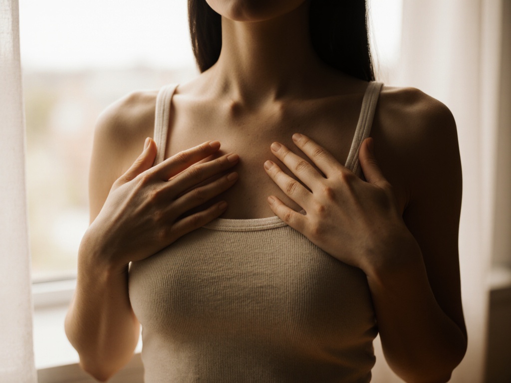 Close view of woman's torso showing ribcage expansion and contraction, hands resting on sides of ribs