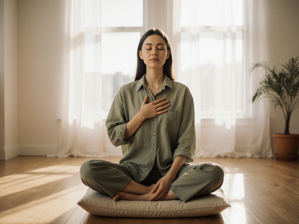 Woman sitting cross-legged on meditation cushion in minimalist room with hands on chest and abdomen, eyes closed in inward listening