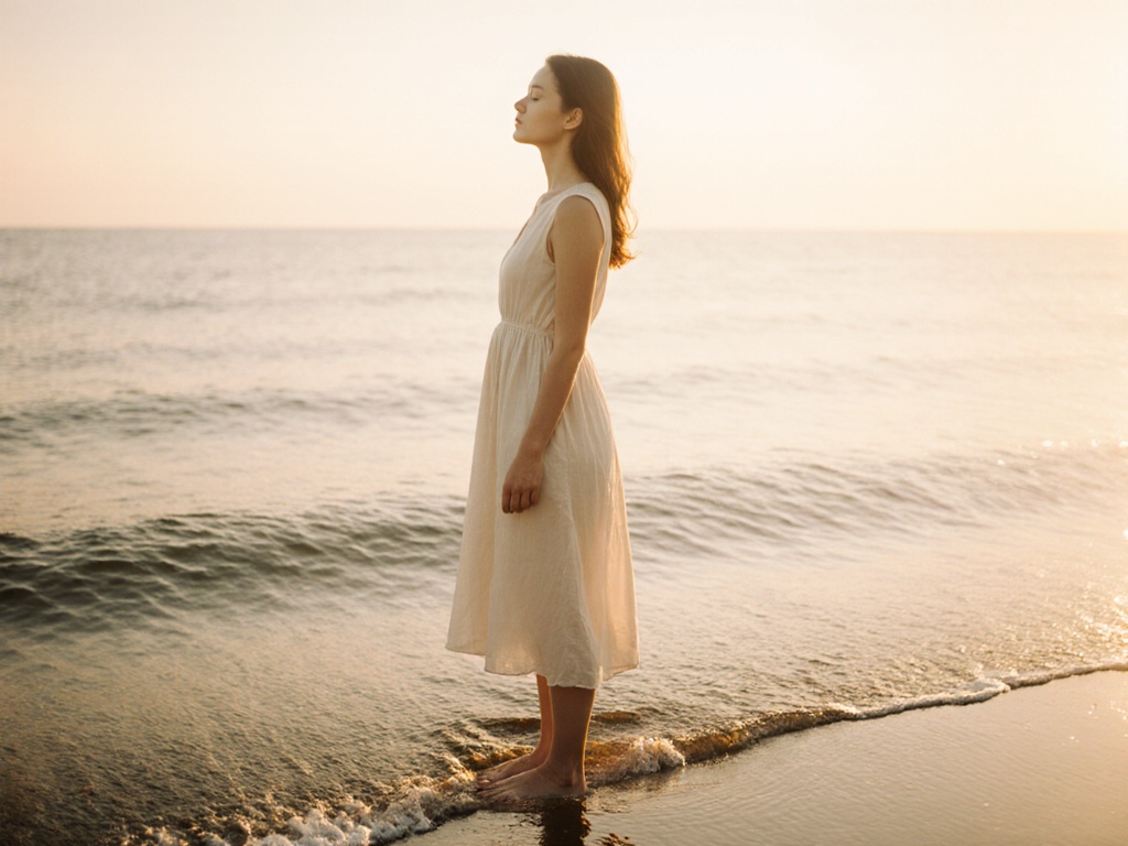 Person standing at the edge of a calm ocean at golden hour, eyes closed, hands at sides