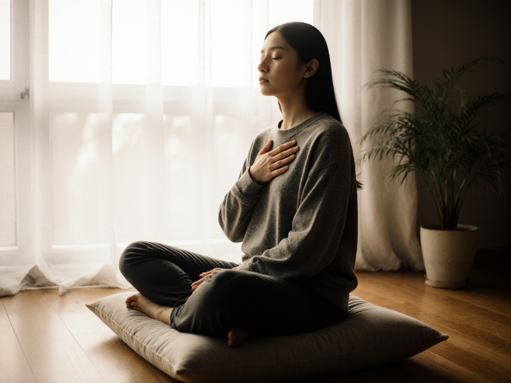 Person seated on cushion near window, eyes gently closed, palm resting softly on sternum