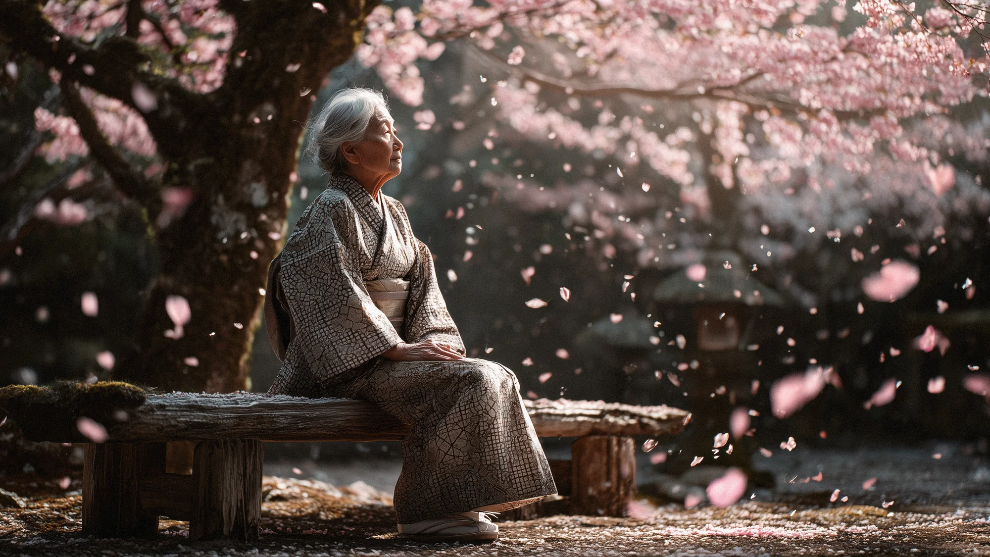 Elderly Japanese woman in kimono sitting peacefully under a massive cherry blossom tree as gentle petals fall, serene expression