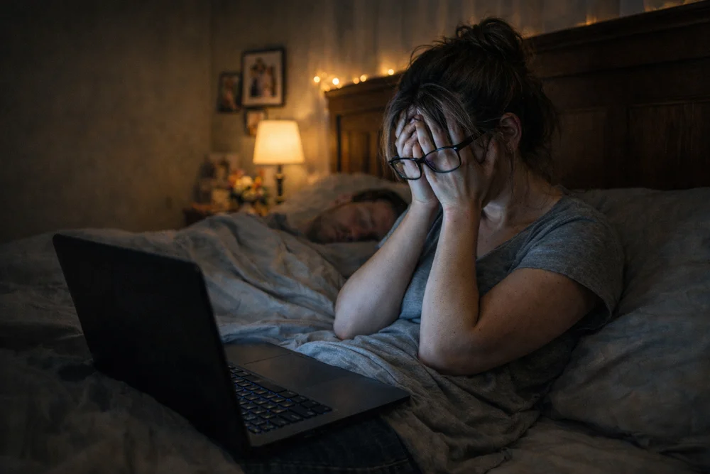 Exhausted couple trying to plan their honeymoon after months of wedding planning