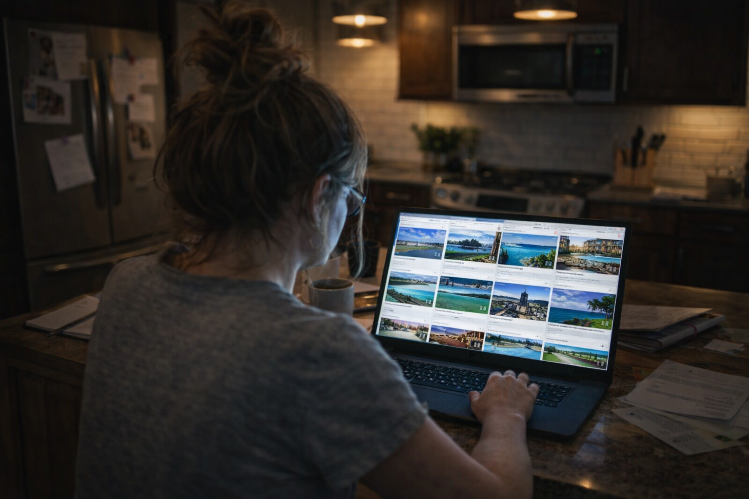 Exhausted couple trying to plan their honeymoon after months of wedding planning