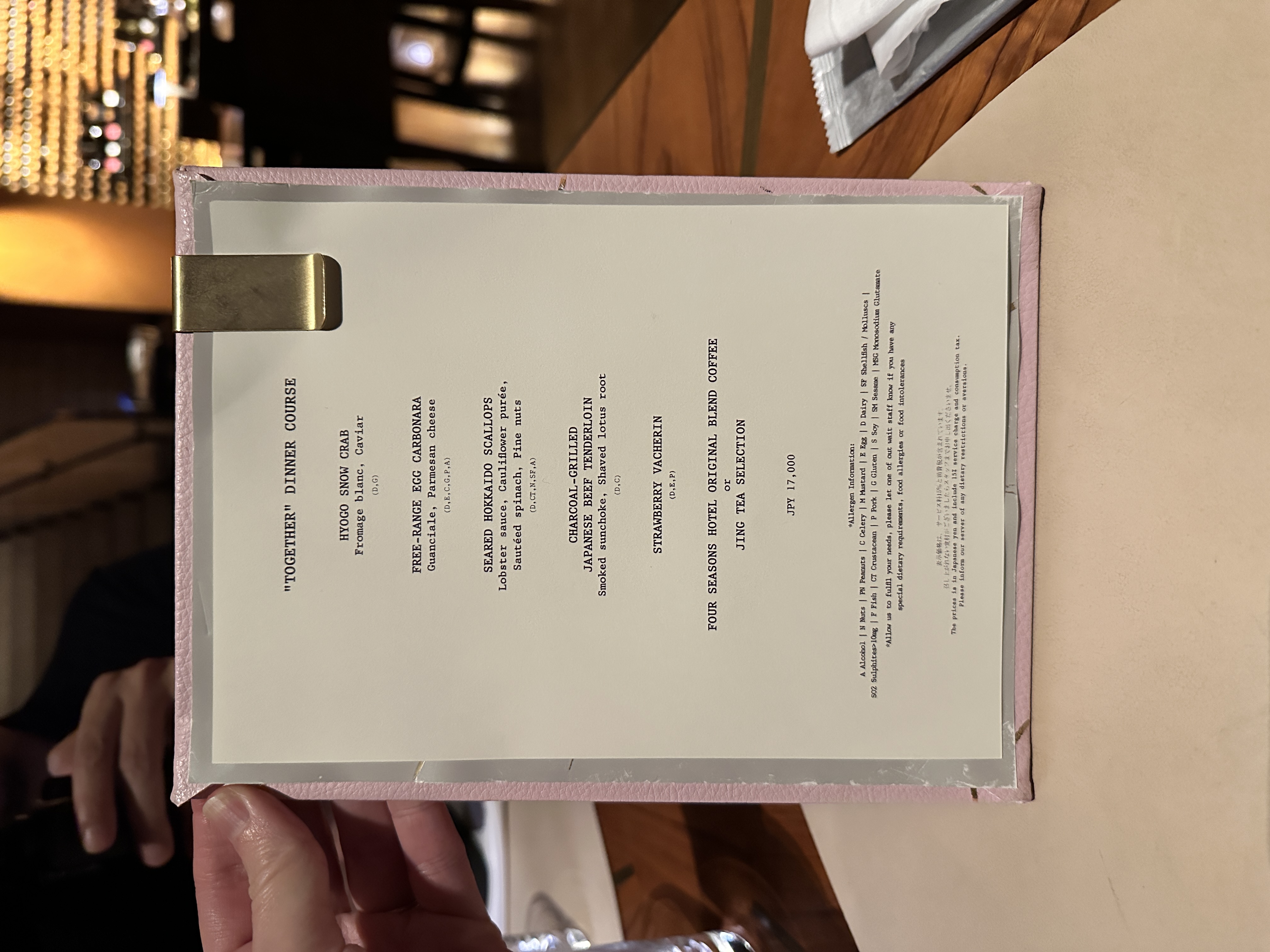 TOGETHER Dinner Course menu at EMBA Kyoto Grill, Four Seasons Kyoto.