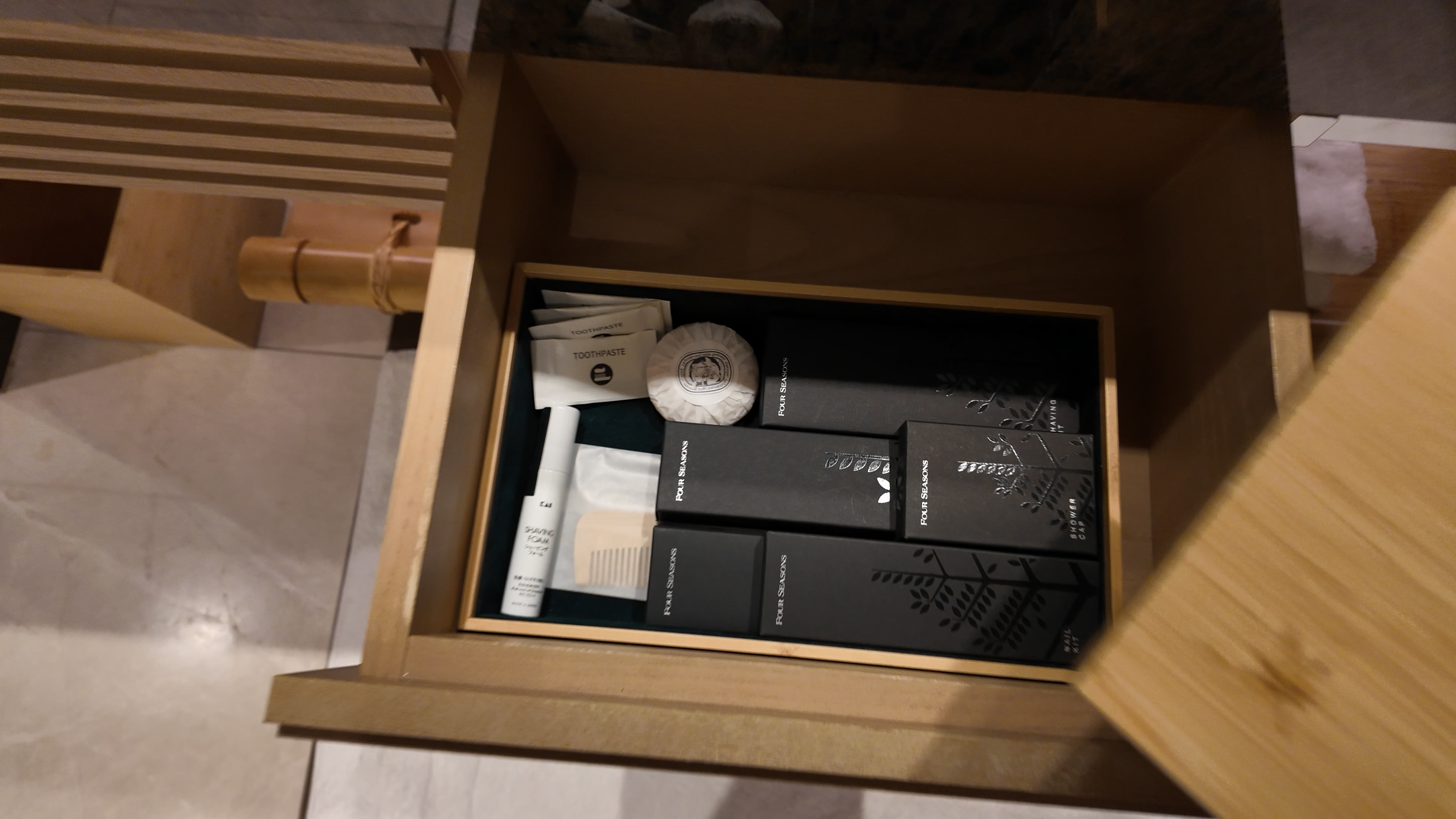 Toiletries available in the bathroom of the Four Seasons Kyoto Premier Heritage Garden Room.