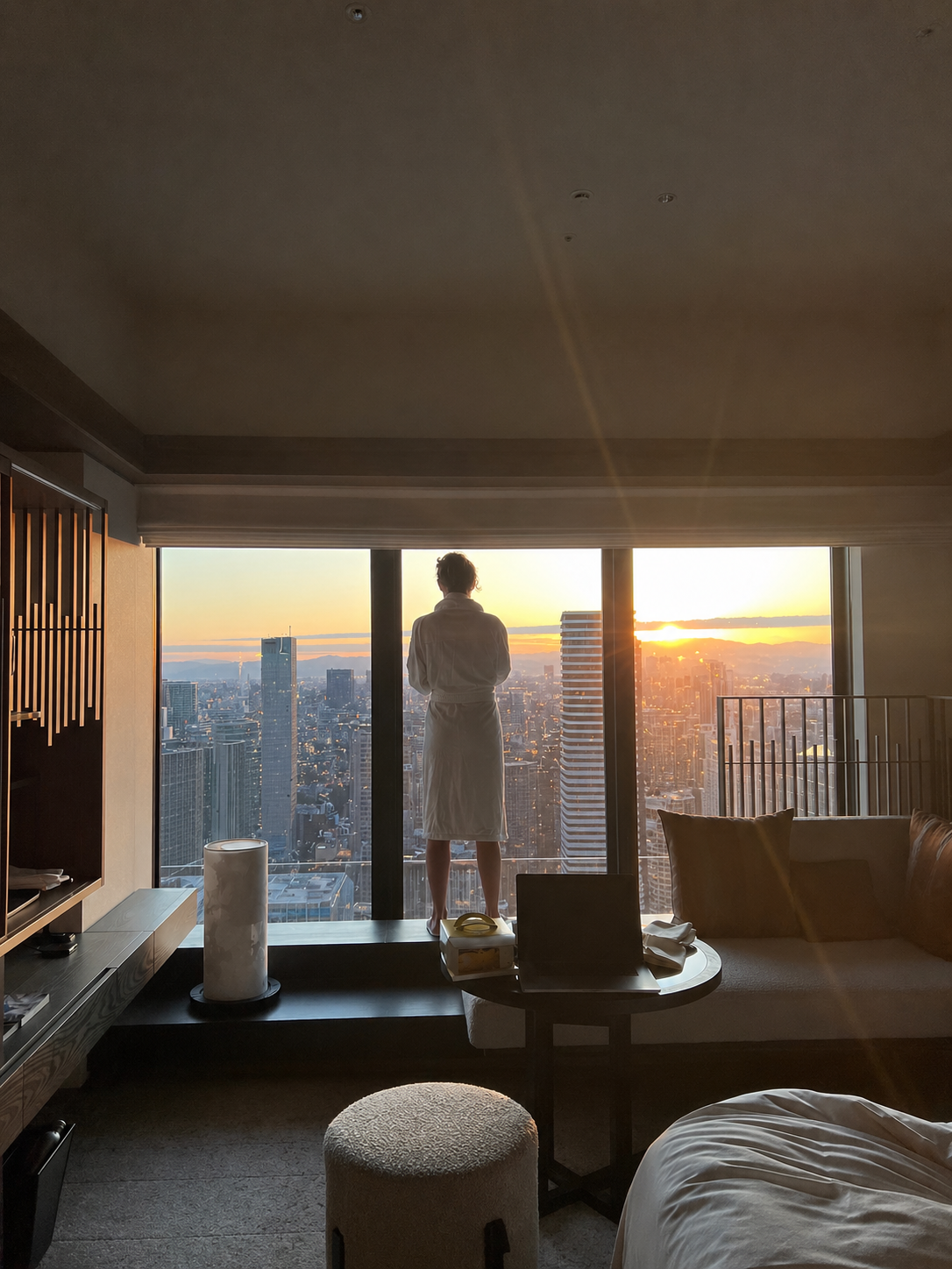 Krystal Ariel standing by the window watching the sunrise at Four Seasons Osaka.