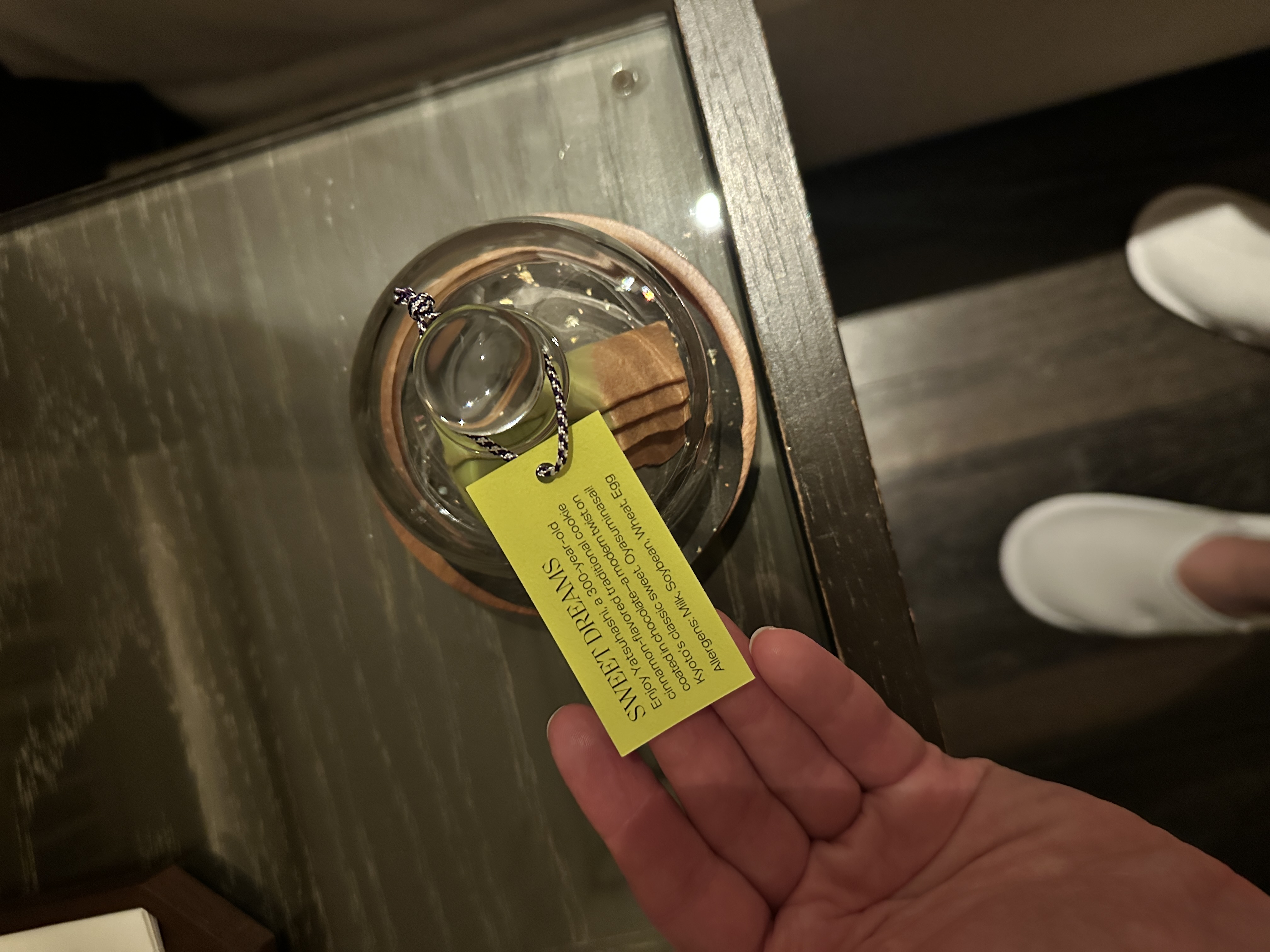 Sweet Dreams turndown treat with cinnamon cookies left on the nightstand during turndown service at Four Seasons Kyoto.