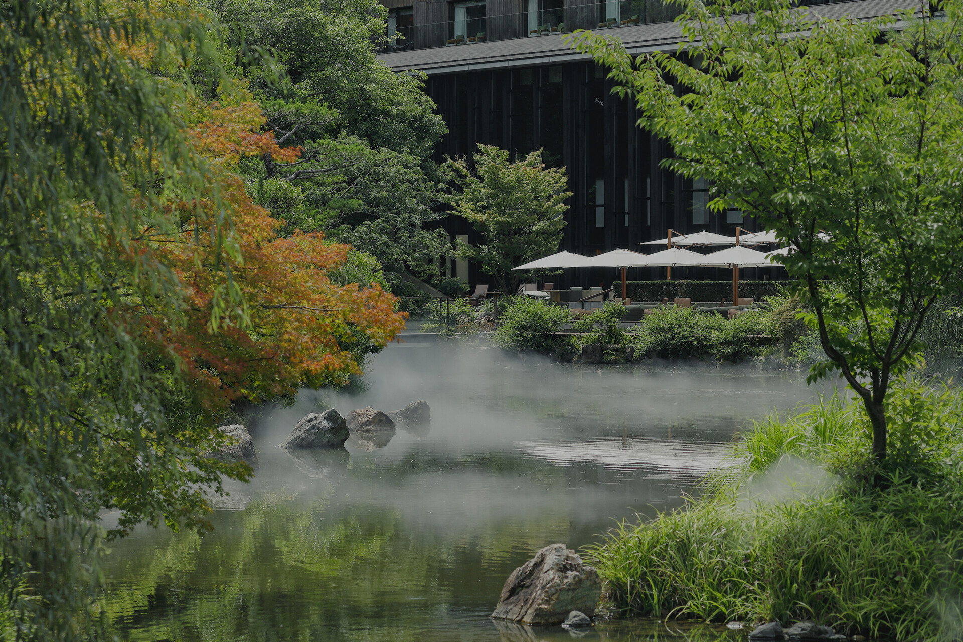 The 800-year-old Shakusui-en pond garden at Four Seasons Kyoto with koi and mandarin ducks.
