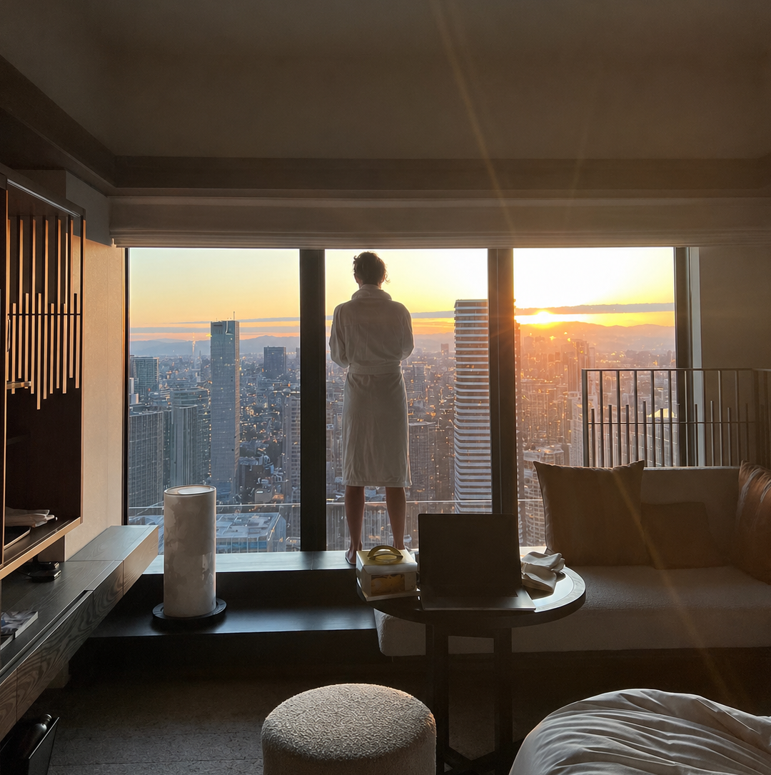 Krystal Ariel standing in the window of the Deluxe Room at Four Seasons Osaka watching the sunrise 