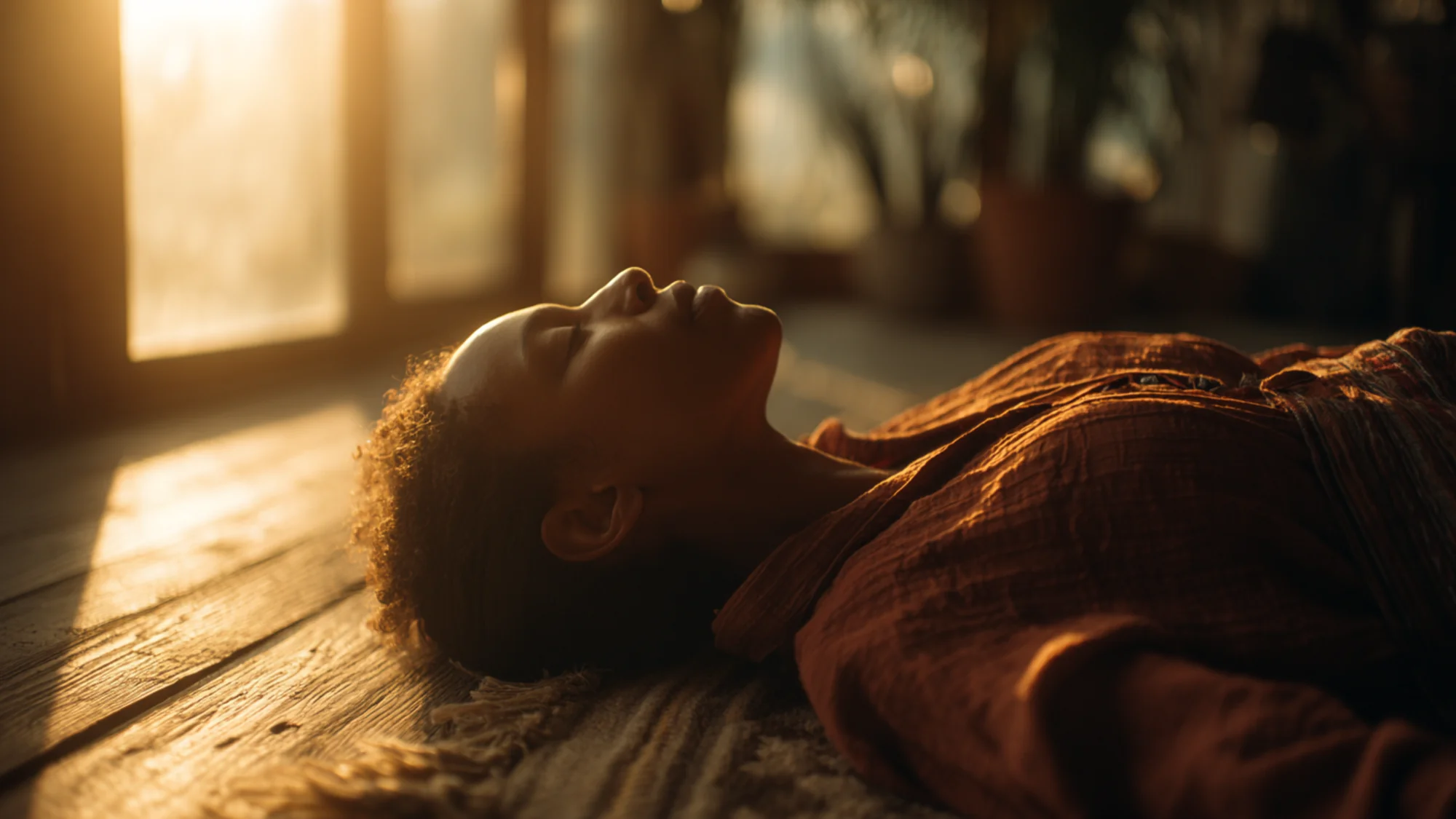 Person lying peacefully on wooden floor in golden sunlight with open palms, embodying breath awareness and nervous system calm.