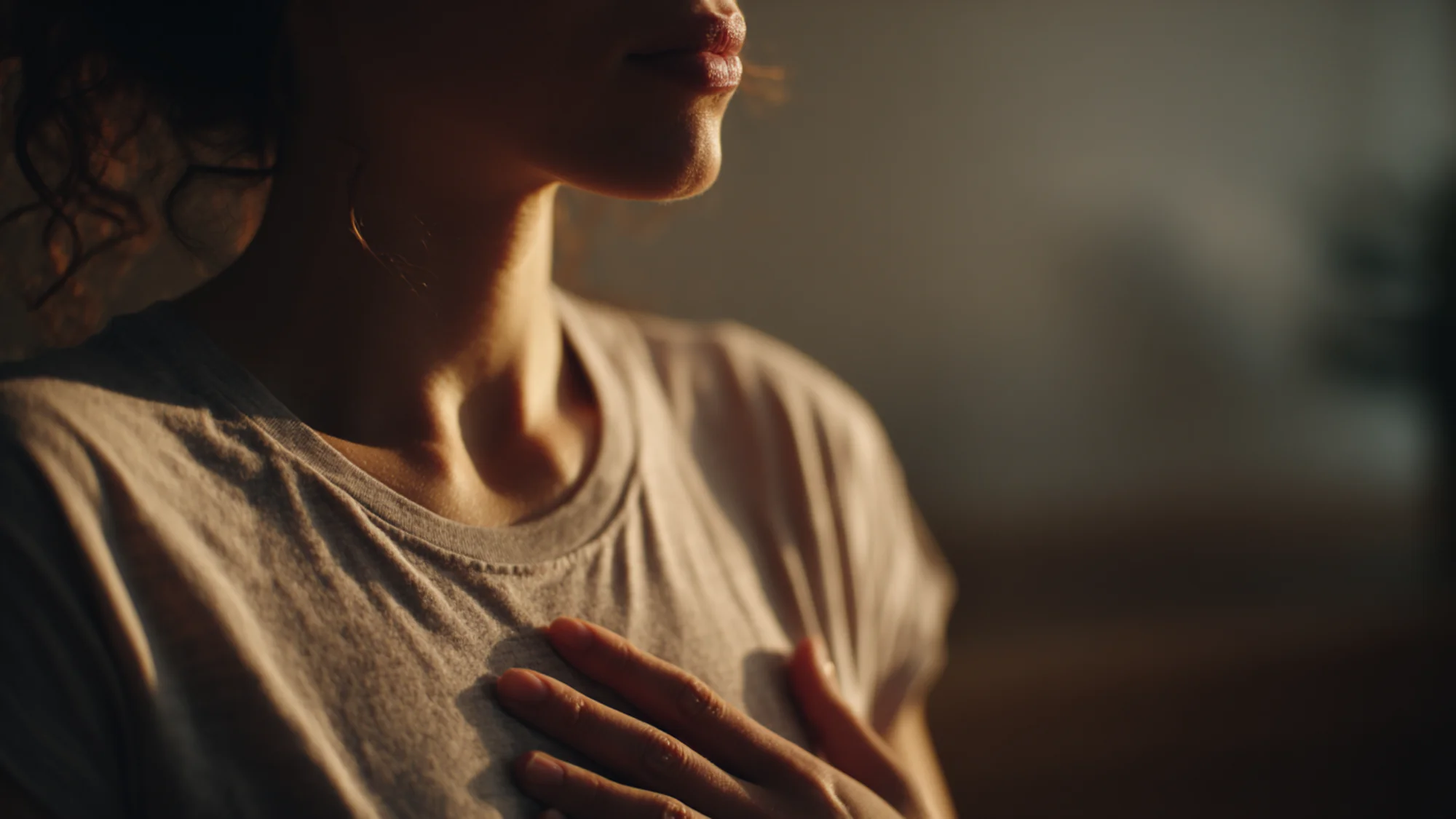 Person's torso with hands on ribcage during breath awareness practice, soft natural lighting.