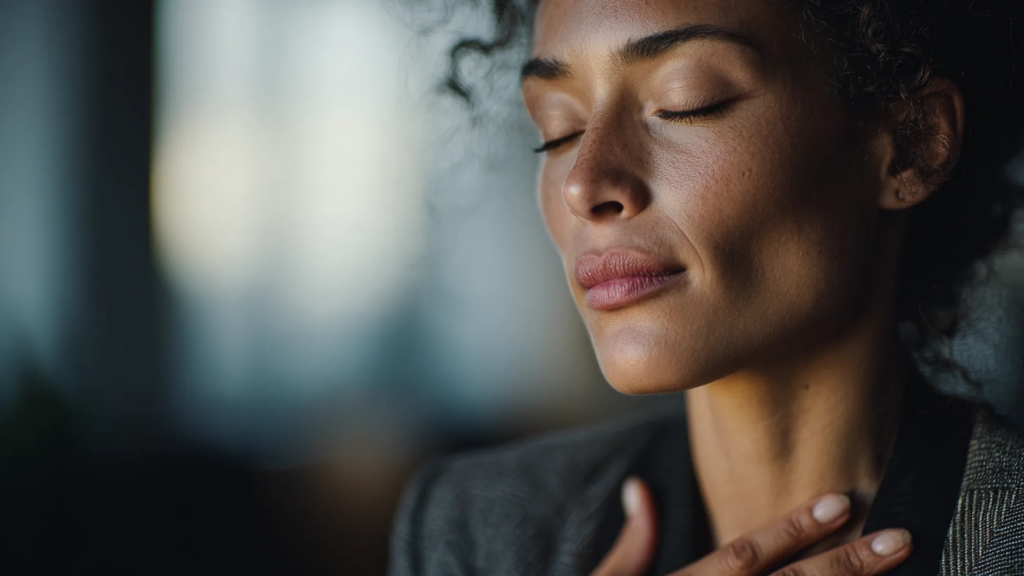 Professional person in meeting room with hand on chest, demonstrating calm composure.