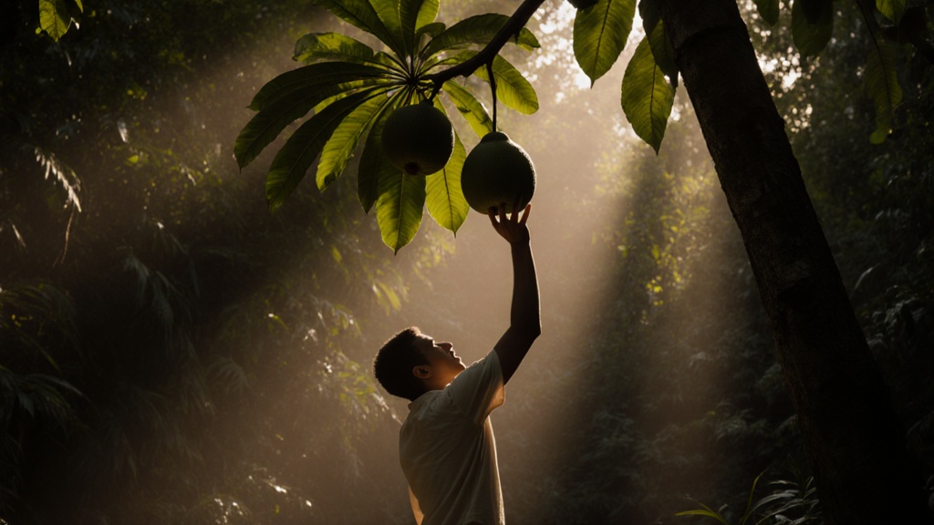 Person reaching up toward breadfruit hanging from ancient tree, surrounded by natural Fijian forest canopy.