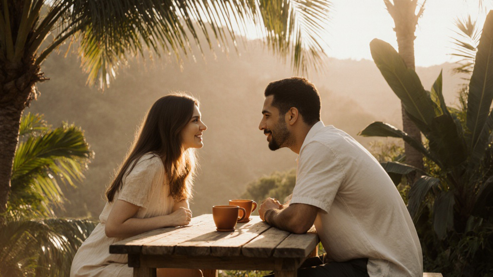 Two people seated at simple wooden table outdoors, leaning in close conversation, surrounded by tropical plants.