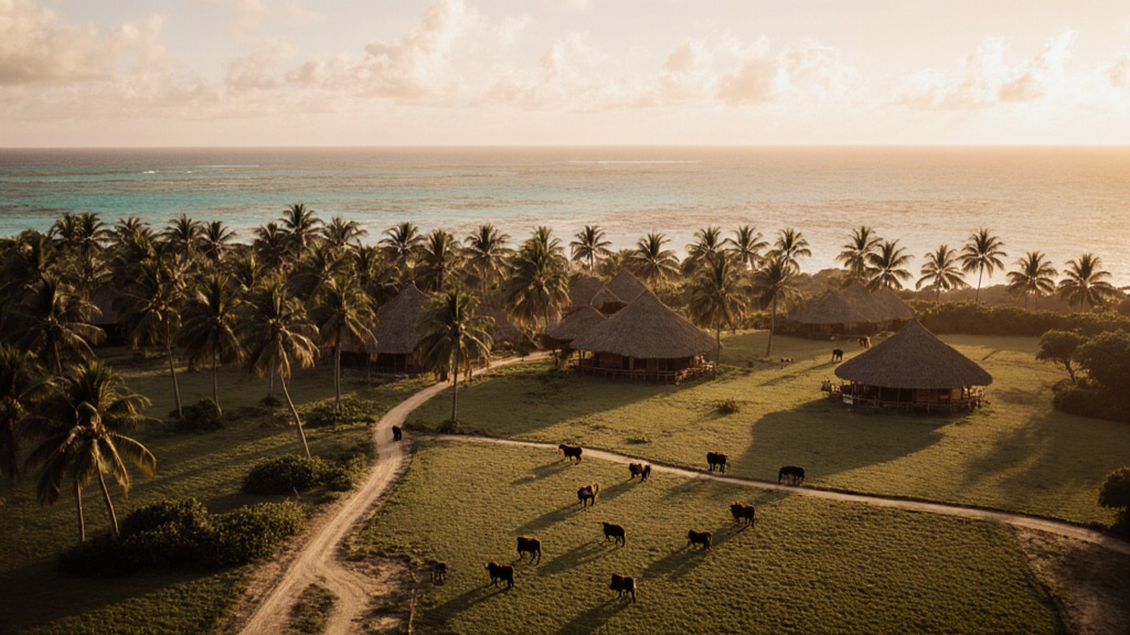 Wide view of Laucala Island showing verdant farmland, palm-lined shore, and turquoise ocean meeting in one frame.