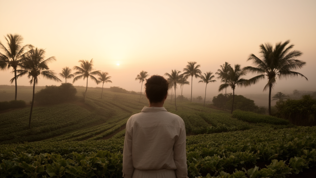 Person standing in expansive organic farm at sunrise, orderly crop rows stretching to horizon.