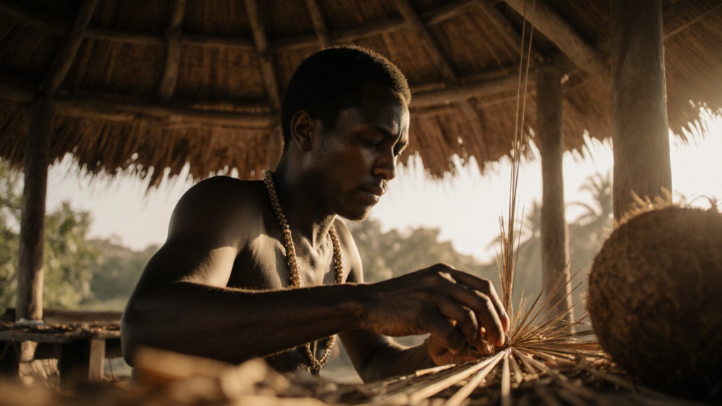Artisans actively engaged in traditional coconut shell weaving, hands visible, process fully revealed.