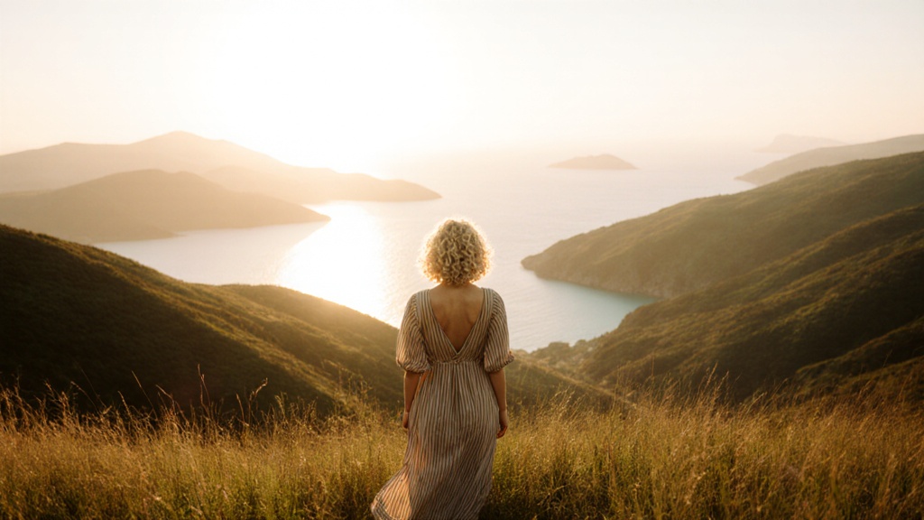 Guest standing on hilltop overlooking Laucala's farm and coastline at sunset, arms relaxed at sides.